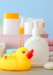 Baby care products on the table. Daily baby care products for skin care. Vertical photo format