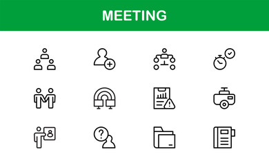 Meeting Icon Set Featuring Vector Line Art for Business Discussions, Team Collaboration, Video Calls, and Professional Communication