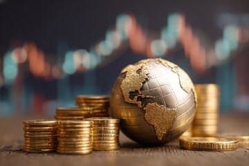 A golden globe rests atop stacks of gold coins in front of blurry financial charts