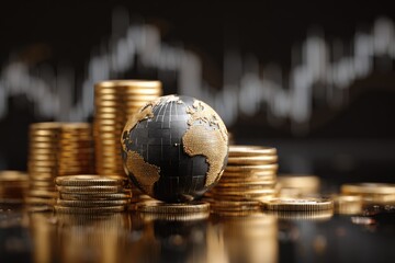 A globe rests on a pile of golden coins, with financial market graphs visible in the background