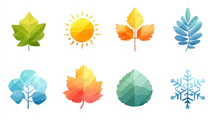 Obraz premium Colorful polygon leaves and sun with snowflake