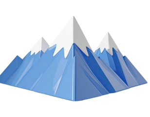 Three stylized, blue mountains with white, peaked tops