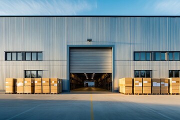 A warehouse exterior with an open loading bay door and stacked cardboard boxes on pallets outside the building