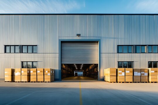 A warehouse exterior with an open loading bay door and stacked cardboard boxes on pallets outside the building