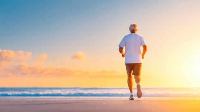 A senior man jogs along a beach at sunset, enjoying the serene atmosphere and warm colors reflecting off the ocean.