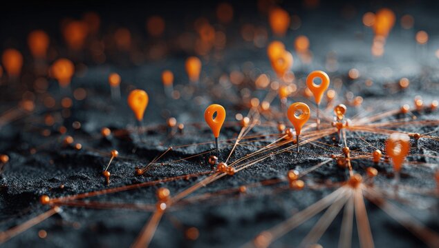 Abstract network of orange location pins on dark textured surface