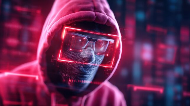 A mysterious figure in a hoodie wears glasses, surrounded by a digital overlay, suggesting themes of hacking and cybersecurity.