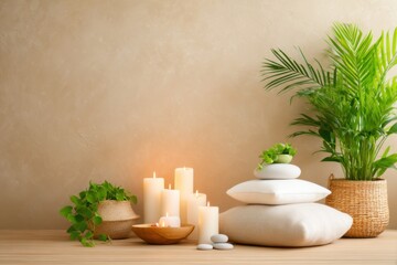 A serene arrangement featuring candles, stones, cushions, and plants, creating a calming atmosphere for relaxation.