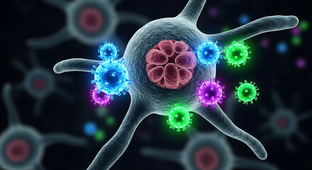 Microscopic view of immune cells attacking foreign bodies during a cellular response