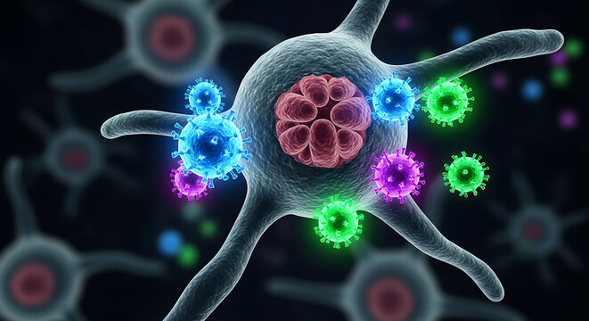 Microscopic view of immune cells attacking foreign bodies during a cellular response