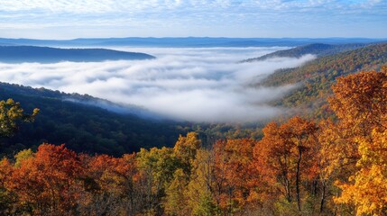 Autumnal Mountain Majesty: A Breathtaking Panorama of Fog-Shrouded Peaks and Vibrant Fall Foliage