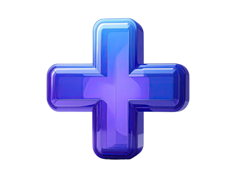 3D rendered plus sign, vibrant blue-purple gradient, glossy finish
