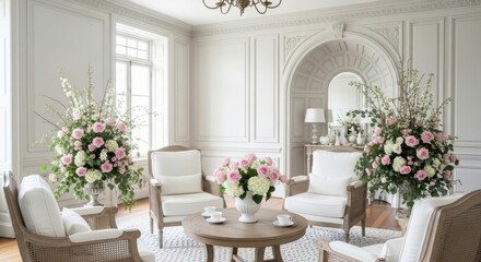 Elegant French Country Living Room With Floral Arrangements