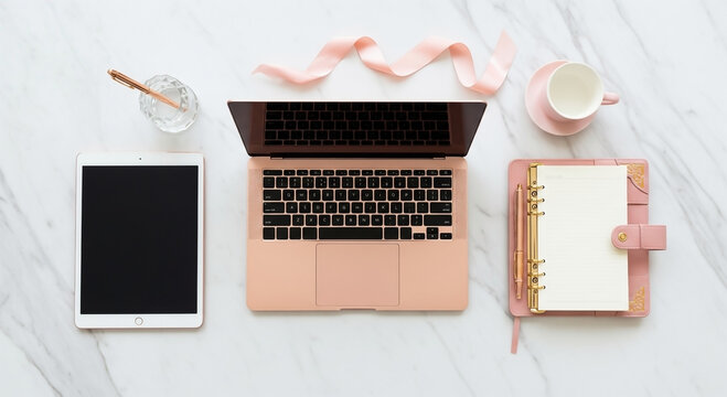 Flat lay of laptop, tablet, notebook, cup, water glass, and ribbon on a white marble surface.