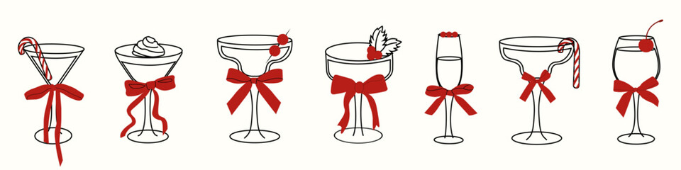 Christmas holiday cocktail glasses with red bows and festive garnishes. Modern minimal line art drink illustration. Vintage drink doodle collection for party invitations, bar menu, greeting cards.