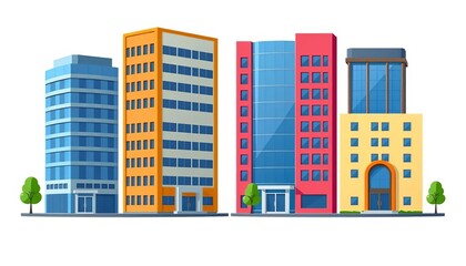 Fototapeta premium Four cartoon-style office buildings, various heights and colors, isolated on white, property, cartoon