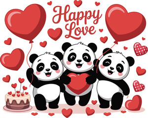 Obraz premium panda illustration, charming vector artwork of three cute pandas celebrating love with red hearts balloons and festive party cake for joyful design themes.