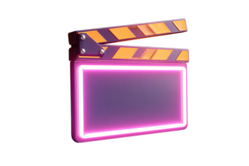 3D Film Clapperboard with Neon Glowing Edges, Futuristic Design on Transparent Background for Movie Production