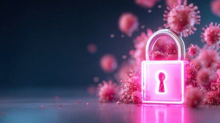 A glowing pink padlock amidst stylized virus particles, symbolizing security and protection against health threats.