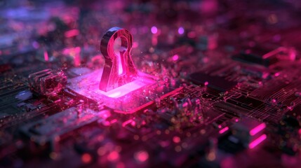 A vivid, digital close-up of a keyhole shape illuminated against a circuit board backdrop, showcasing a blend of technology and security themes.