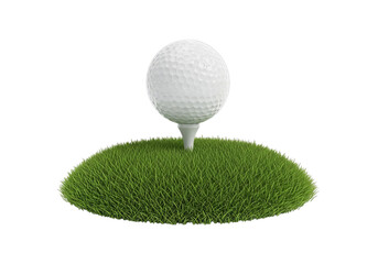 Golf ball on tee on green grass circle isolated for sports and recreation photography