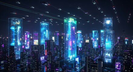 Futuristic Cityscape with Glowing Digital Displays.