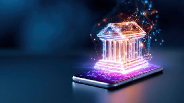 A glowing digital representation of a bank building emerging from a smartphone, symbolizing the integration of technology and finance.