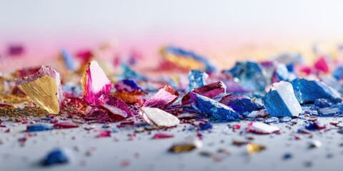 Fototapeta premium Colorful shattered pieces of various textures and shades, scattered across a light gray surface. A pastel-toned background adds depth