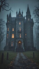 Gothic castle illuminated at night surrounded by foggy forest, creating a mysterious and eerie atmosphere