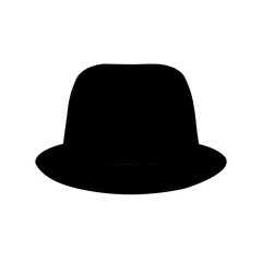 A solitary black silhouette of a classic fedora hat on white background