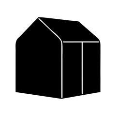 Stylized graphic of a minimalist black house with white lines for doors