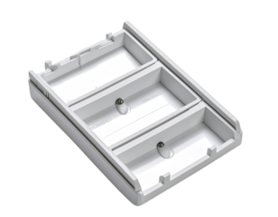 Light gray plastic housing with three compartments