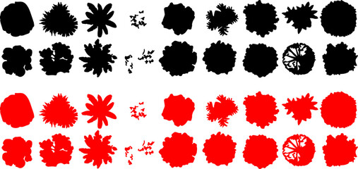 tree, silhouette, top view, aerial view, shape, foliage, leaves, bush, plant, nature, organic, abstract, pattern, black, red, graphic, design, element, collection, set, variety, different, shapes, org