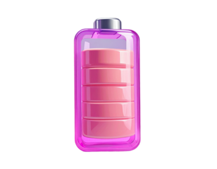 A pink battery with 5 visible cells inside a transparent magenta container