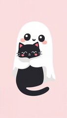 Fototapeta premium Cute ghost hugging a smiling black cat on a pastel pink background, perfect for Halloween themes