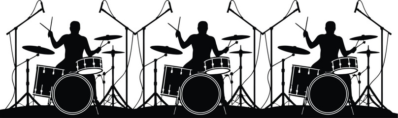 A simple black and white vector illustration showing a repeating silhouette pattern of a drummer playing a drum kit with microphones