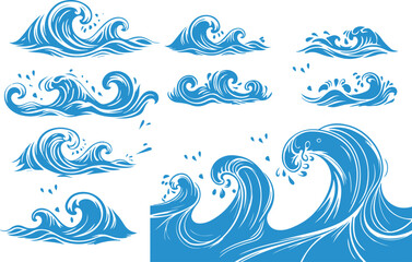 Fototapeta premium Blue water wave vector set. Abstract ocean wave icons, sea ripple shapes, liquid flow elements, simple doodle style water wave collection illustration.eps