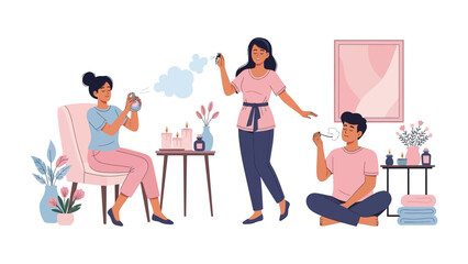 Three diverse young adults enjoying a relaxing afternoon at home engaging in creative hobbies and self care activities together