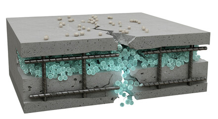 Cross-section of reinforced concrete with embedded micro-capsules, showing a crack and the release of the capsules.