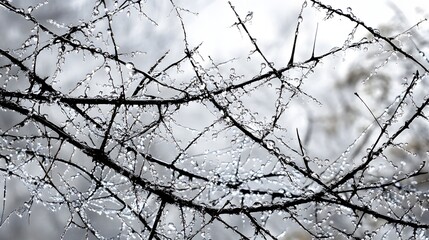 Close up of thorny branches covered in ice droplets against a soft blurred background