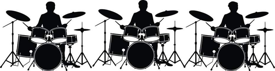 A simple black silhouette illustration featuring a repeated pattern of a musician playing a full drum kit