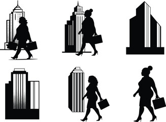 PrintBusinesswoman walking silhouette with city buildings, urban lifestyle, professional attire, career woman vector, modern architecture, black and white illustration
