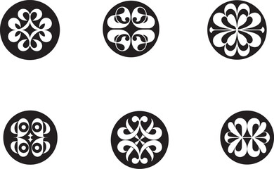 Black circular emblems with white abstract designs