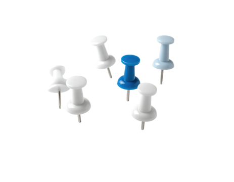 Assorted pushpins, various shades of white and a single blue pin, clustered together