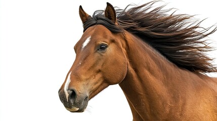 Obraz premium Majestic bay horse with flowing mane, side profile, isolated on white, dramatic lighting -- Strength and elegance in motion