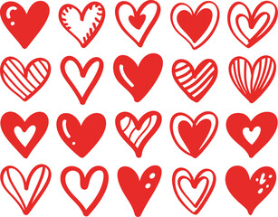 Charming collection of hand-drawn red heart icons. A vector set of cute love symbols in a doodle sketch style for Valentine's Day