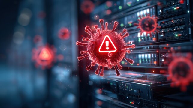 A digital representation of a virus warning symbol, surrounded by server racks, emphasizing cybersecurity and health concerns in a tech environment.