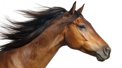 Obraz premium Majestic bay horse with flowing mane, side profile, isolated on white, dramatic lighting -- Strength and elegance in motion