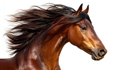 Majestic bay horse with flowing mane, side profile, isolated on white, dramatic lighting -- Strength and elegance in motion