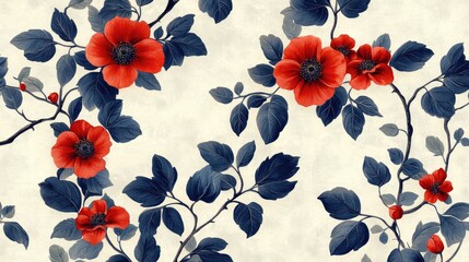 A repeating pattern of vibrant red flowers with dark blue foliage, arranged on beige branches, creating a serene and floral design.
